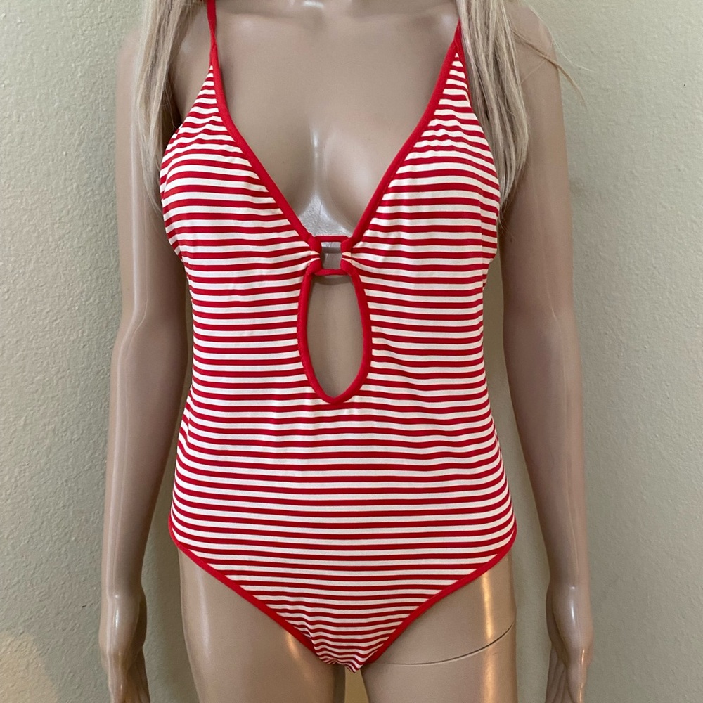 moschino mare red and white striped swimsuit large. 
Keyhole front .
